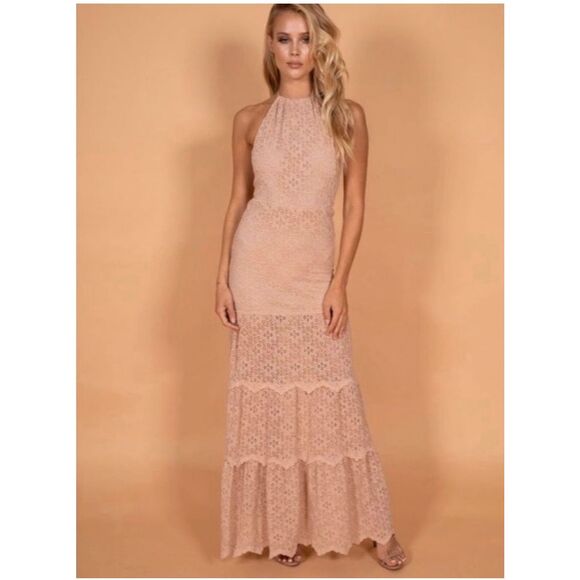 Nightcap Clothing Diamond Lace Halter Blush Gown - Picture 2 of 9